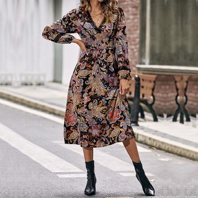 Temperament i elegancja Odzież wierzchnia Wiosna i jesień Moda damska Sukienki z dekoltem w serek i nadrukiem z długimi rękawami