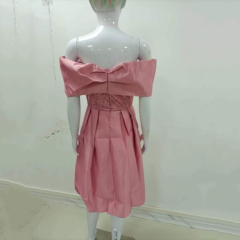 Damen Rosa Mittellanges Kleid Pailletten Schulterfrei Bankett Abendkleider mit Pailletten Schlichte Pracht Kleider