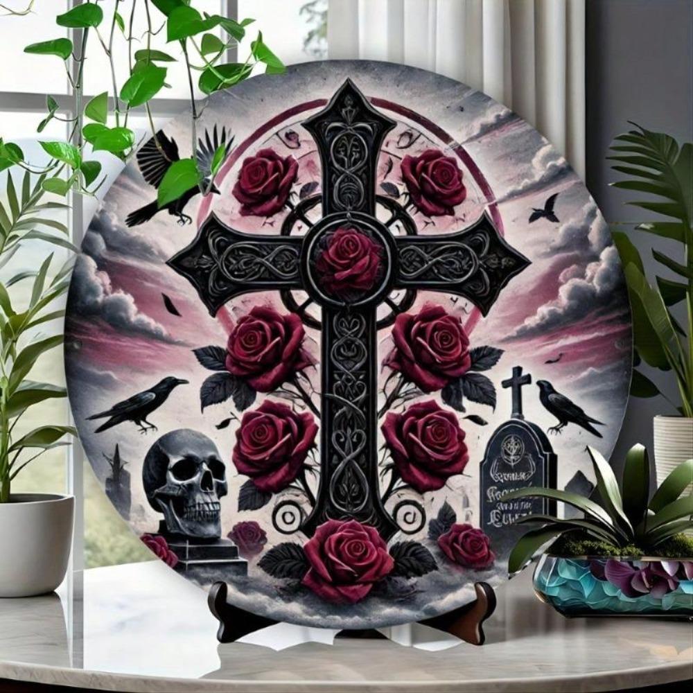 Vintage Gothic Metal Wall Art Tin Sign Halloween Skull Cemetery Decor