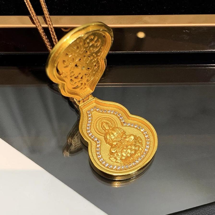 Gold shop style Chinese-style light luxury filigree pendant with diamonds, gourd-shaped Buddha for peace and protection, braided rope sweater chain,