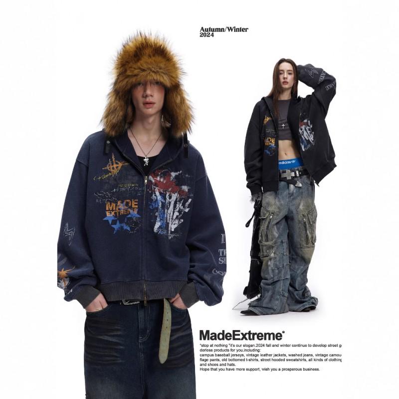 Unisex Hip Hop Graffiti Print Hooded Sweatshirt Loose Fit Long Sleeve Casual Streetwear