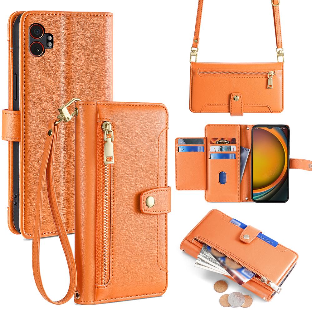 For Samsung Galaxy XCover7 Pro Leather Case Zipper Pocket Wallet Phone Cover with 2 Straps