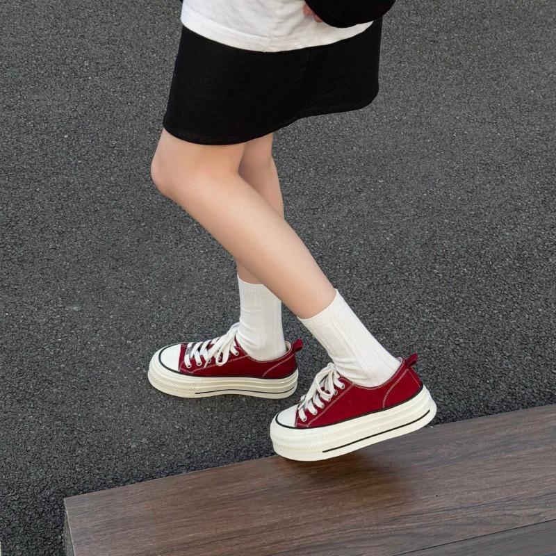 Platform Canvas Shoes Women's Spring New Round Head Muffin Bottom Lace-up Breathable Low-top Casual Sports Board Shoes