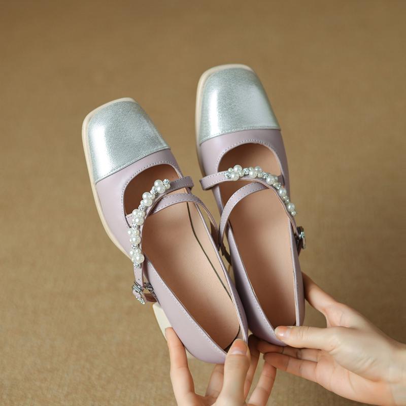 Fashion Women's new spring and autumn round toe color blocked cross strap pearl mid heel plus size Mary Jane single shoe