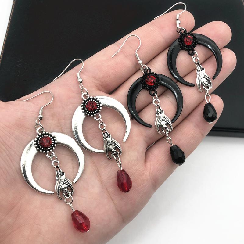 Exaggerated Horn Earrings Personality Bat Red Bead Pendant Earrings Women Men Dark Gothic Punk Earrings Jewelry Wholesale