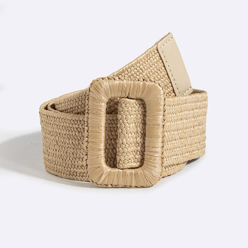 Boho Belt Vacation Style Natural Round Buckle Shell Pp Grass Elastic Women's Belt