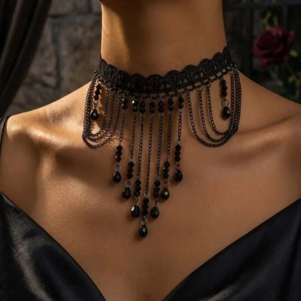 Black Lace Pendant Necklace Tassel Drop Beaded Necklace Fashion Choker Necklace Women
