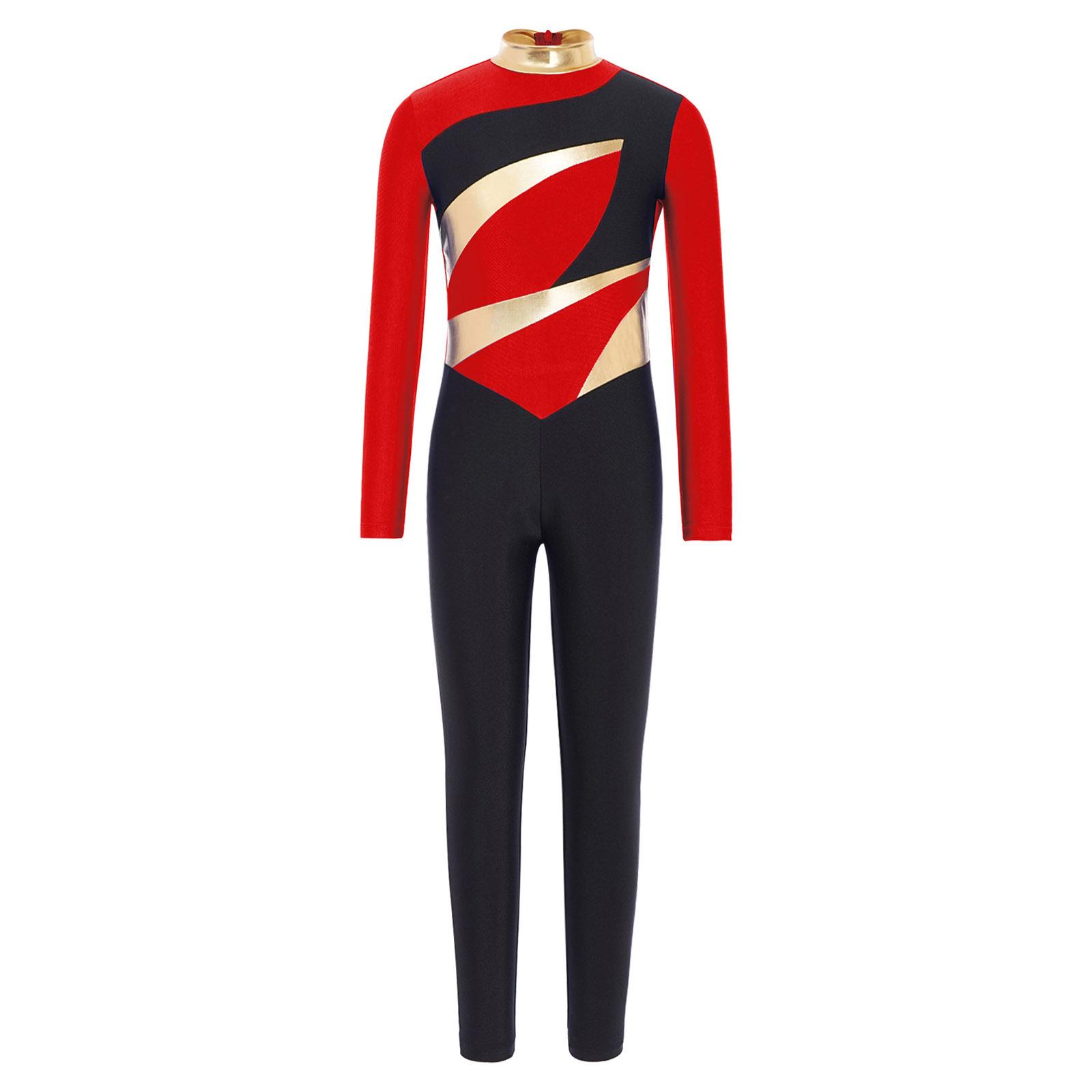 

Boys Gymnastics Jumpsuit Color Block Design Metallic Mock Neck Long Sleeve Back Invisible Zipper Bodysuit 11-12 Years червоний