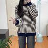 Retro striped velvet thickened crew neck sweater women's autumn and winter Hong Kong flavor loose lazy pure cotton jacket spring