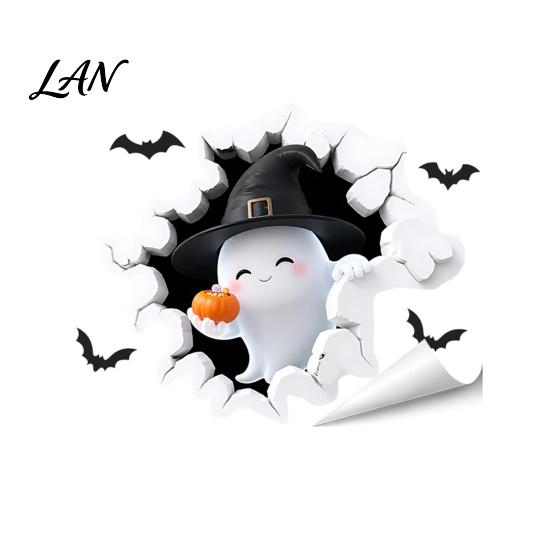 Black Cat Wall Stickers Halloween Stickers, 3D Broken Effect with Ghost Skeleton Pumpkin Bat Decals, Self-Adhesive Temporary Decorations Waterproof