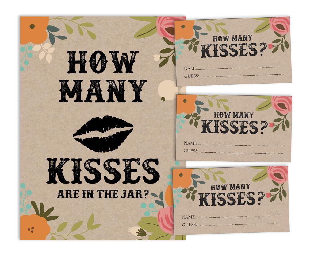 Inkdotpot How Many Kisses in The Jar Rustic Kraft Floral Bridal Shower Game 1 Sign + 30 Cards White