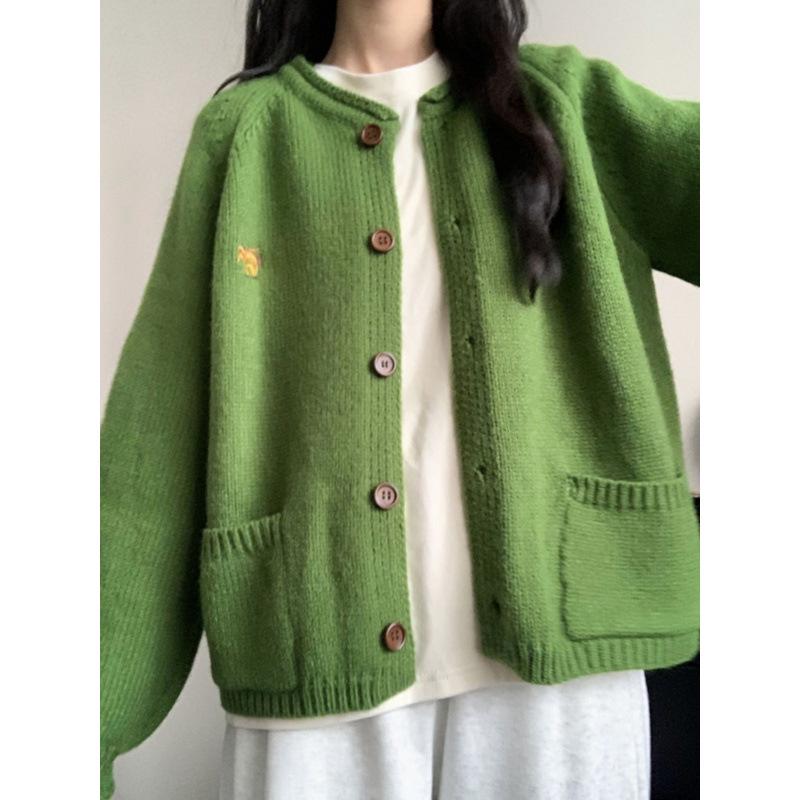 Women's Retro Green Embroidered Knit Cardigan - Fashionable Spring & Autumn Outerwear