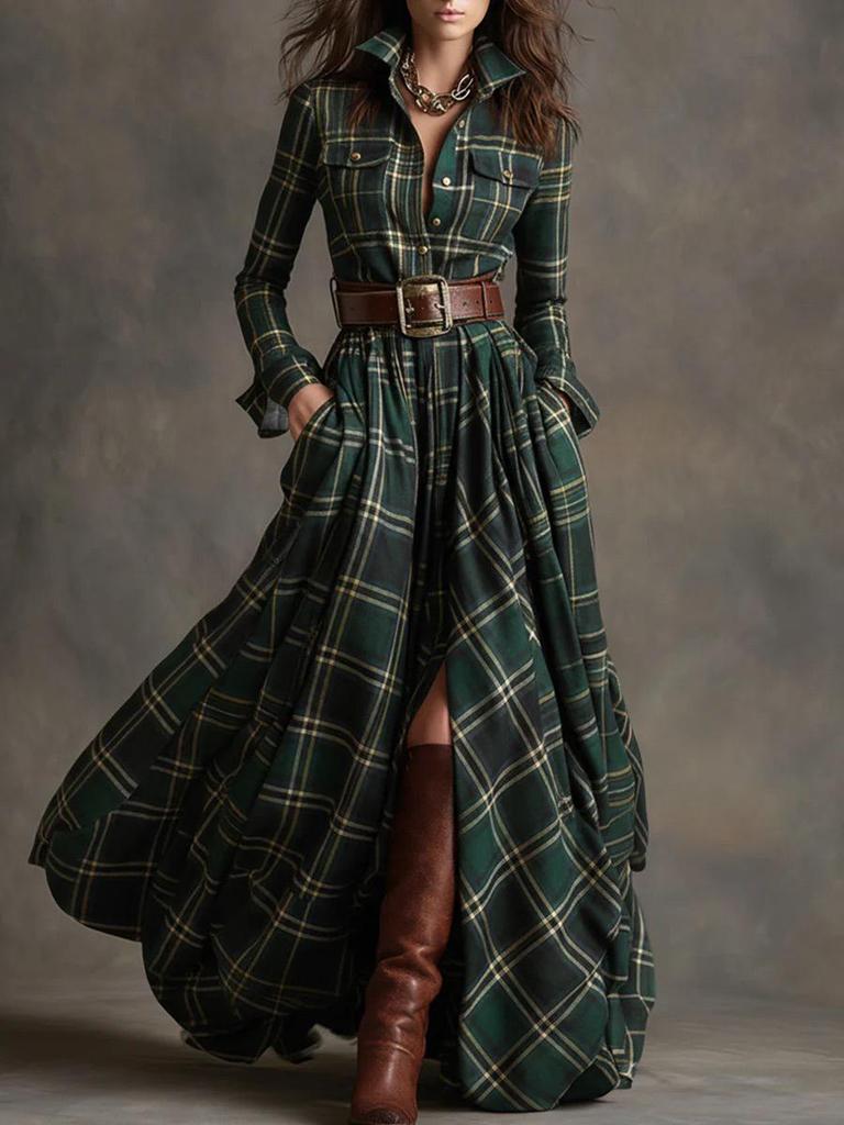 2026 European & American Women's French High-End Retro Plaid Dress with Belt