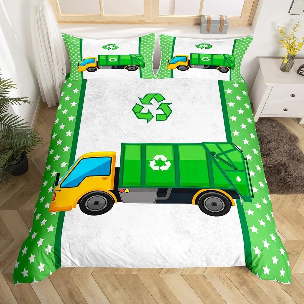 Cartoon Garbage Truck Duvet Cover Green Trash Truck Bedding Set Green Vehicle Car Comforter Cover Garbage Truck Toy Quilt Cover