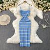 European and American Sexy Backless Sling Dress Women Summer New Elastic Striped Knitted Tight Slimming Sheath Long Dress