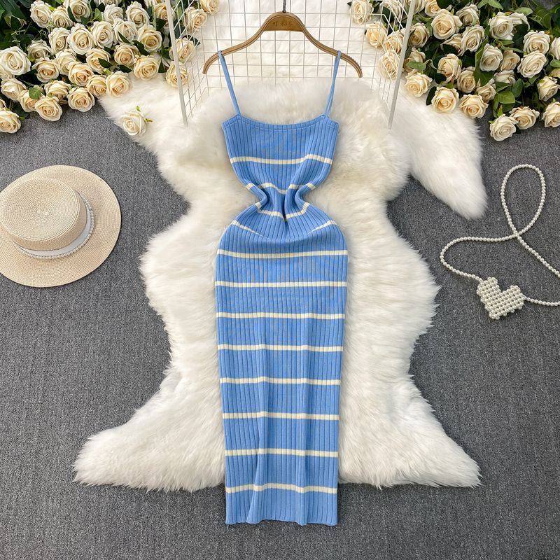 European and American Sexy Backless Sling Dress Women Summer New Elastic Striped Knitted Tight Slimming Sheath Long dress