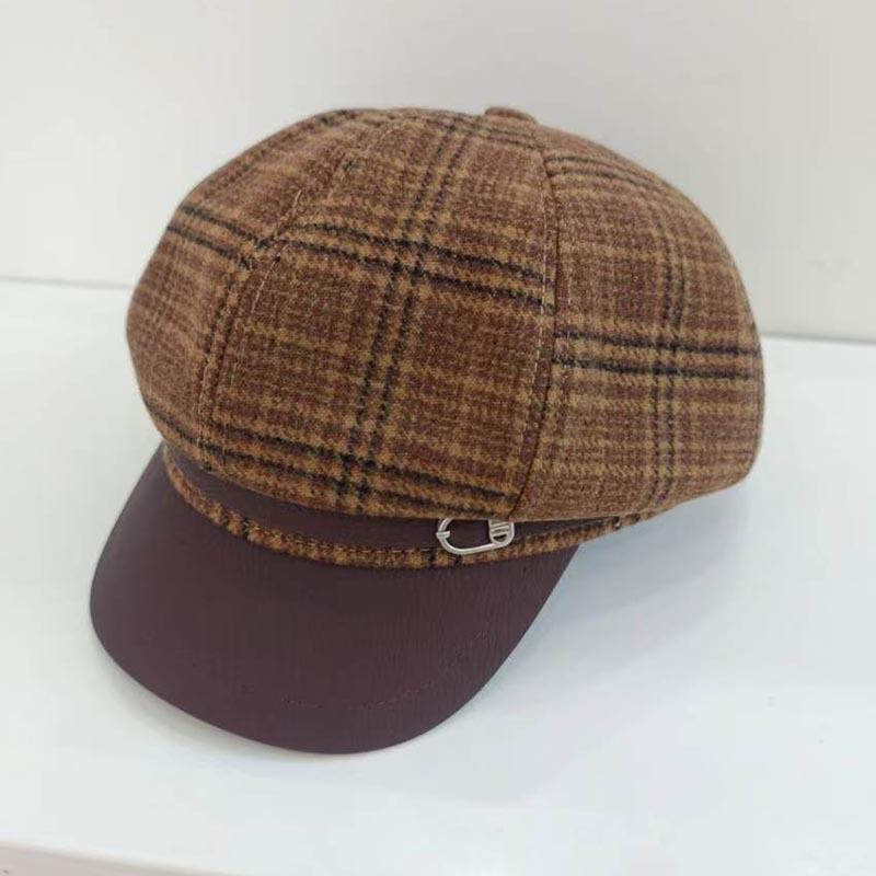 Vintage plaid woolen octagonal hat female autumn and winter face small leather brim newsboy hat British belt buckle painter beret