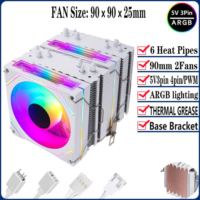 QiuzAim 6 Heat Pipe CPU Cooler Argb 90mm Fan White/Black Themed Radiator Twin Towers install LGA2011 x99 1200 115x 1700 AM4 AM5