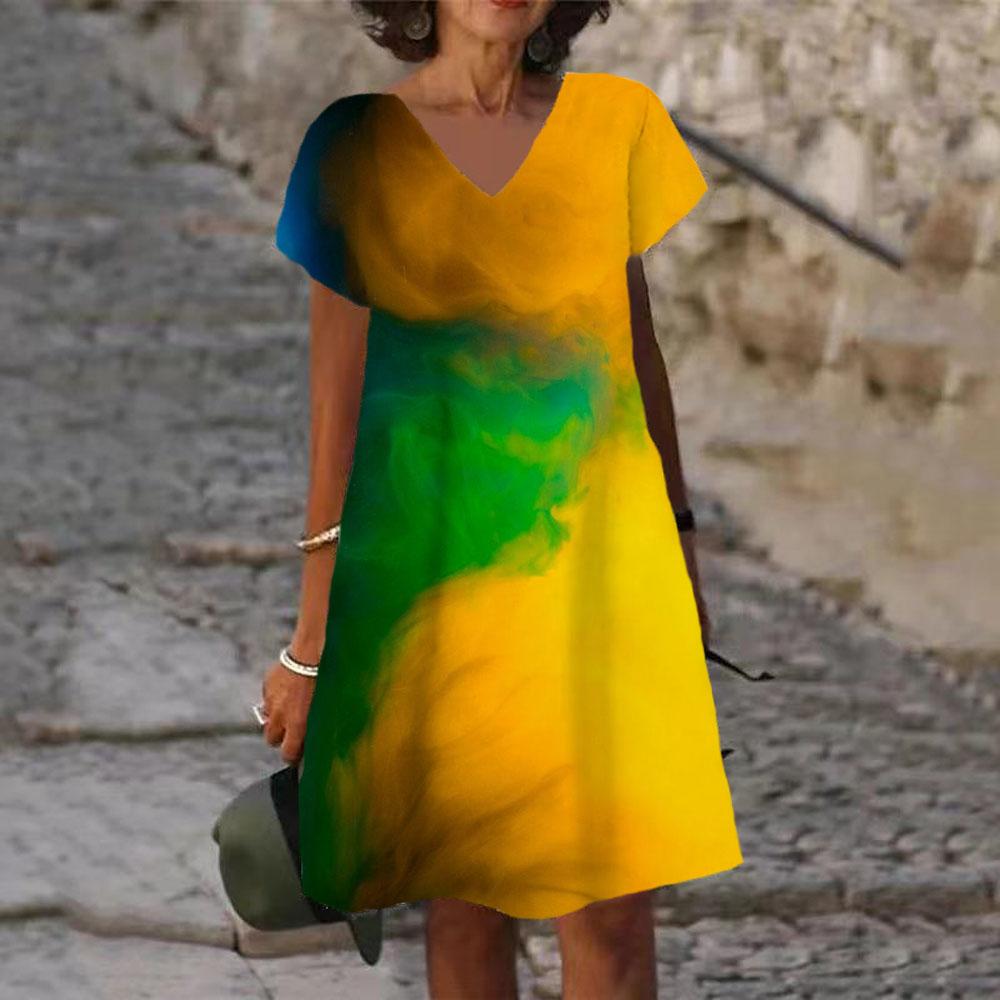 Tie Dye Regenbogenprint Damenkleid Elegant Süß Lässig Kurzarm V-Ausschnitt A-Linie Kleid Sommer Mode Oversized Kleidung Damen