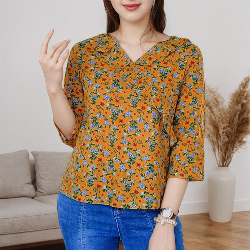 ZANZEA Women Casual V-Neck 3/4 Sleeve Loose Floral Print Blouse