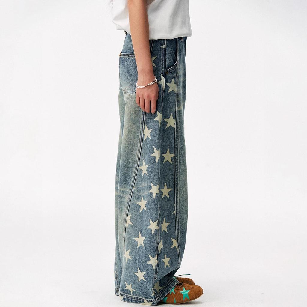 Unisex American Retro Star Print Wide Leg Jeans