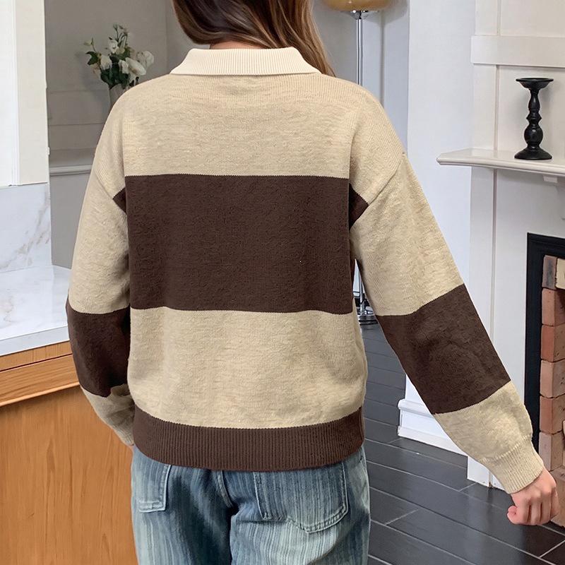 2026 Retro Color Block Stripe Polo Collar Sweater - Women's Long Sleeve Knitwear for Autumn/Winter Casual Wear