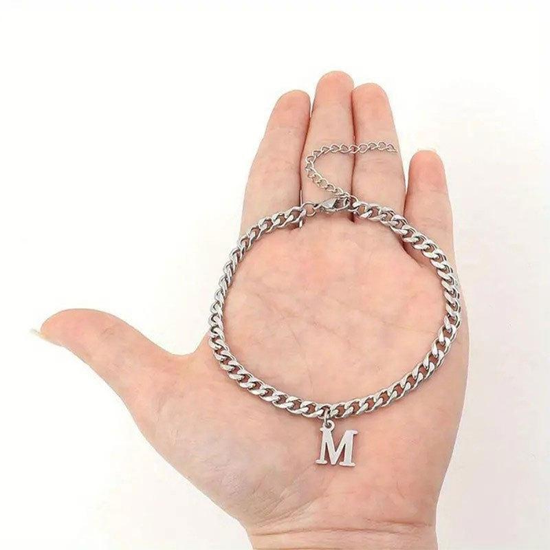 Mens Initials Links Bracelets Stainless Steel A-Z 26 Letters Alphabet Charm Chain Wristband Adjustable Casual Jewelry Gift