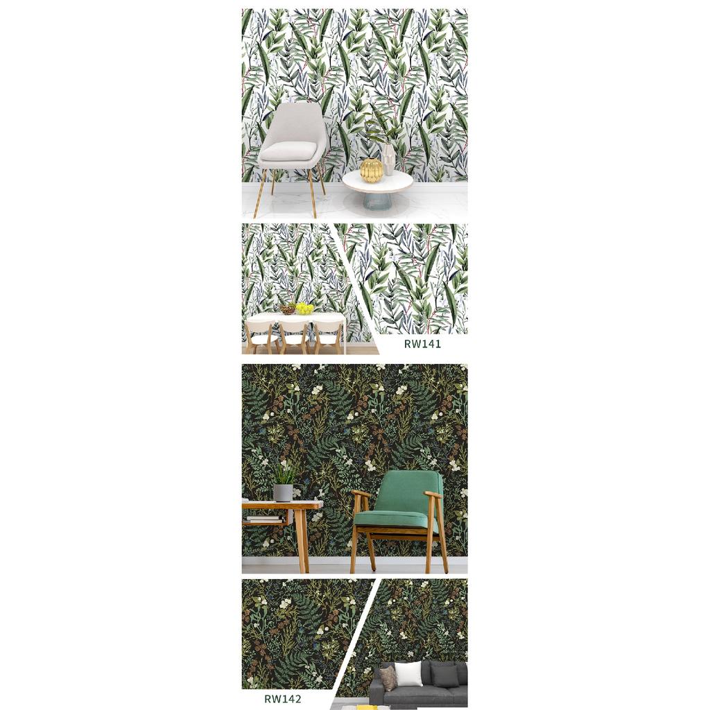 Removable Seamless Self-Adhesive Wallpaper for Living Room Background (Green Plants and Flowers)