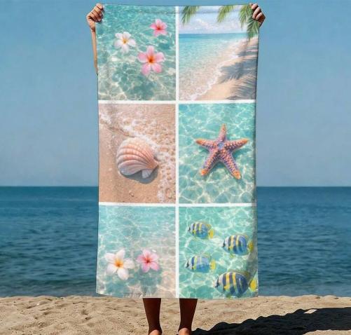 1 Pc Marine Life Shells and Starfish Vintage Hand-Drawn Style Beach Towels for Swimming Pool Sand Free Fast Drying Beach Towel