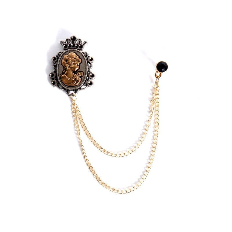 

Vintage Beauty Lady Head Crown Brooches Fashion Jewelry Luxury Trendy Host Stage Male Suit Collar Pin Tassel Chain Accessories золотой