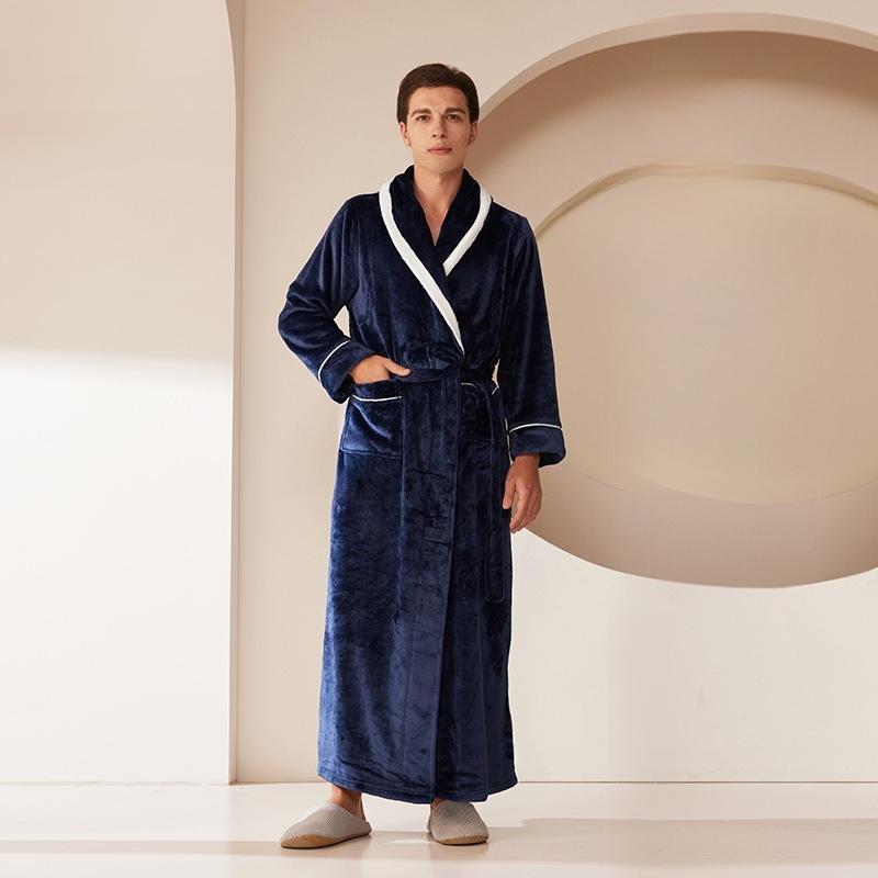 Shawl Collar Robes for Men Full Length Fleece Plush Bathrobes Soft Spa House Coat with Pockets Fluffy Spa Robes Unisex Winter Cozy Warm Spa Long Robe
