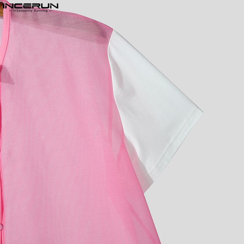 INCERUN Sommer Herren Stehkragen Kurzarm Mesh Sheer Patchwork T-Shirts