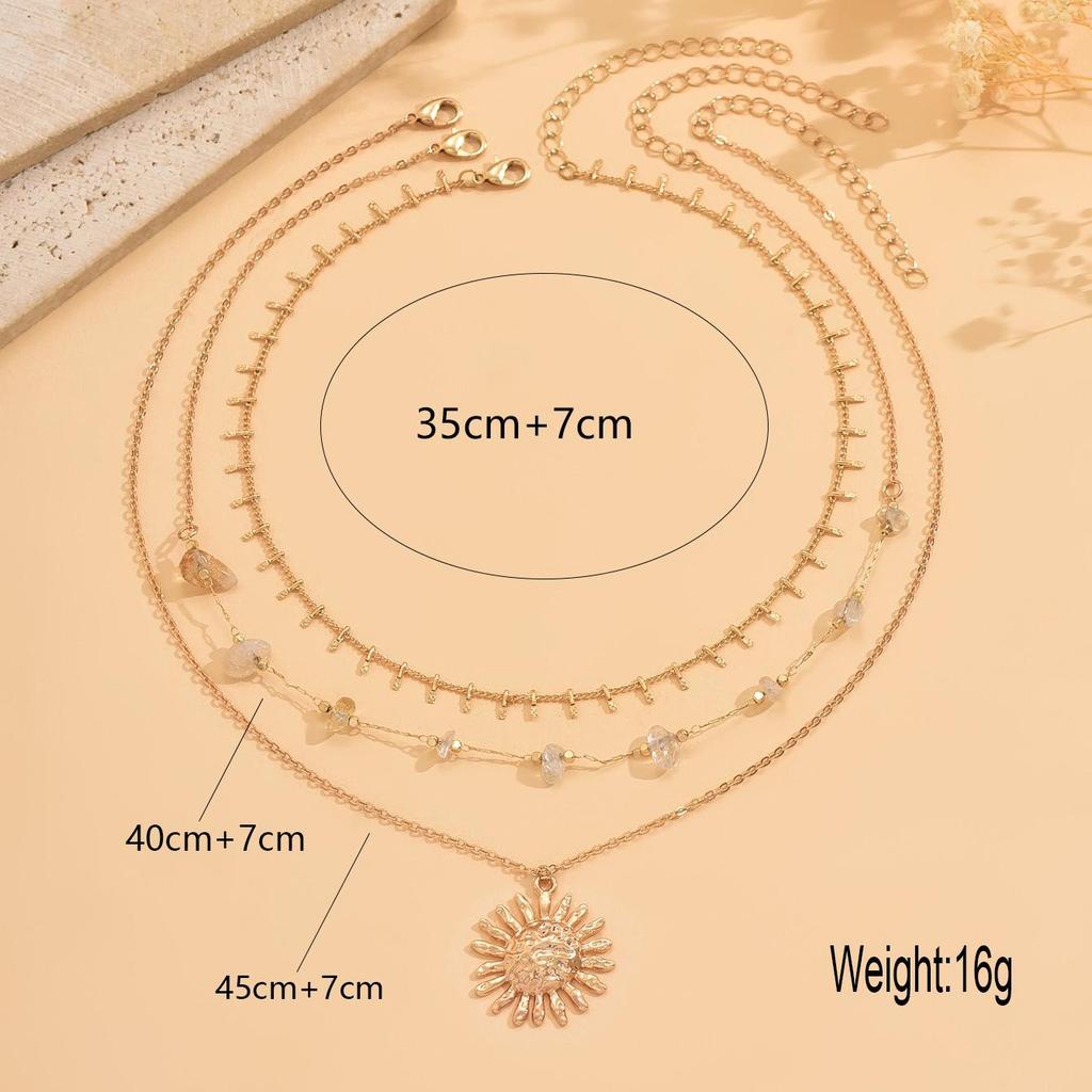 Elegant Sun Pendant Necklace - Layered Handmade Gravel Chain Style