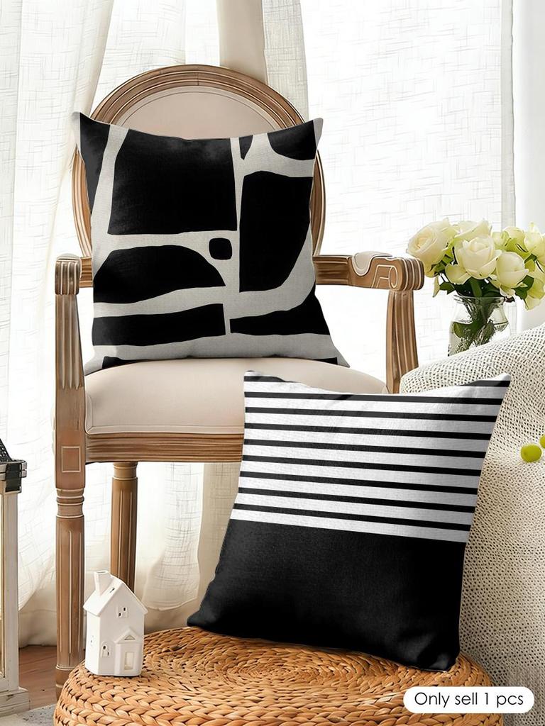 Minimalist Geometry Black White Brown Cushion Cover Natural Linen Organic Fabric Printing Breathable Perfect For Home Decor