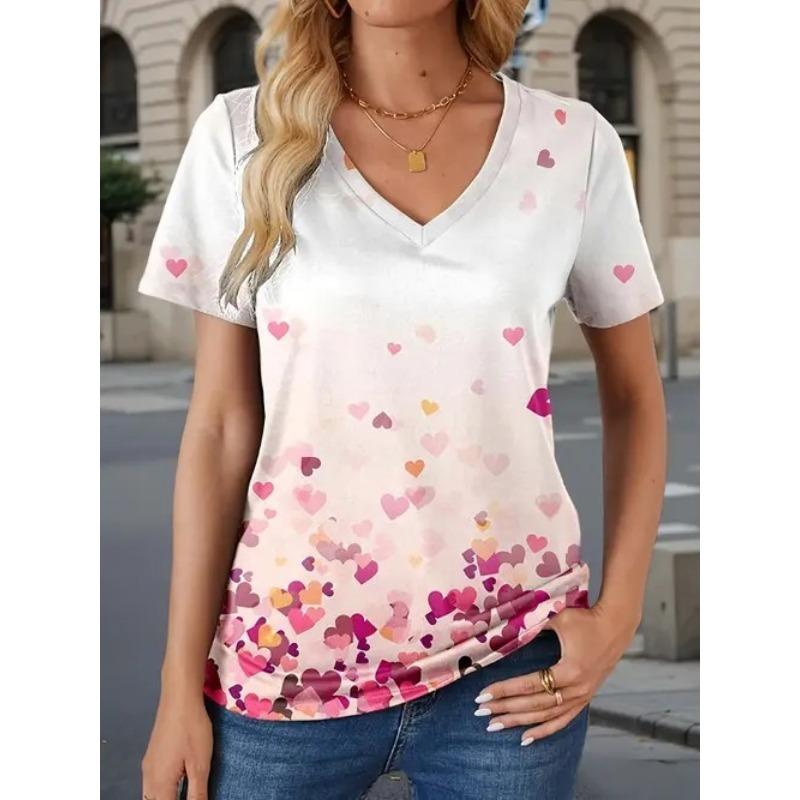 Spring Summer Short Sleeved T-shirts for Women Trendy Short Sleeved Tops V-neck Short Sleeved Tops Retro 3D Printed Shirt
