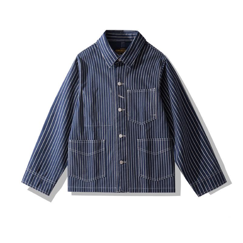 OKONKWO Wabash Stripe Denim Multi-Pocket Motorcycle Jacket S