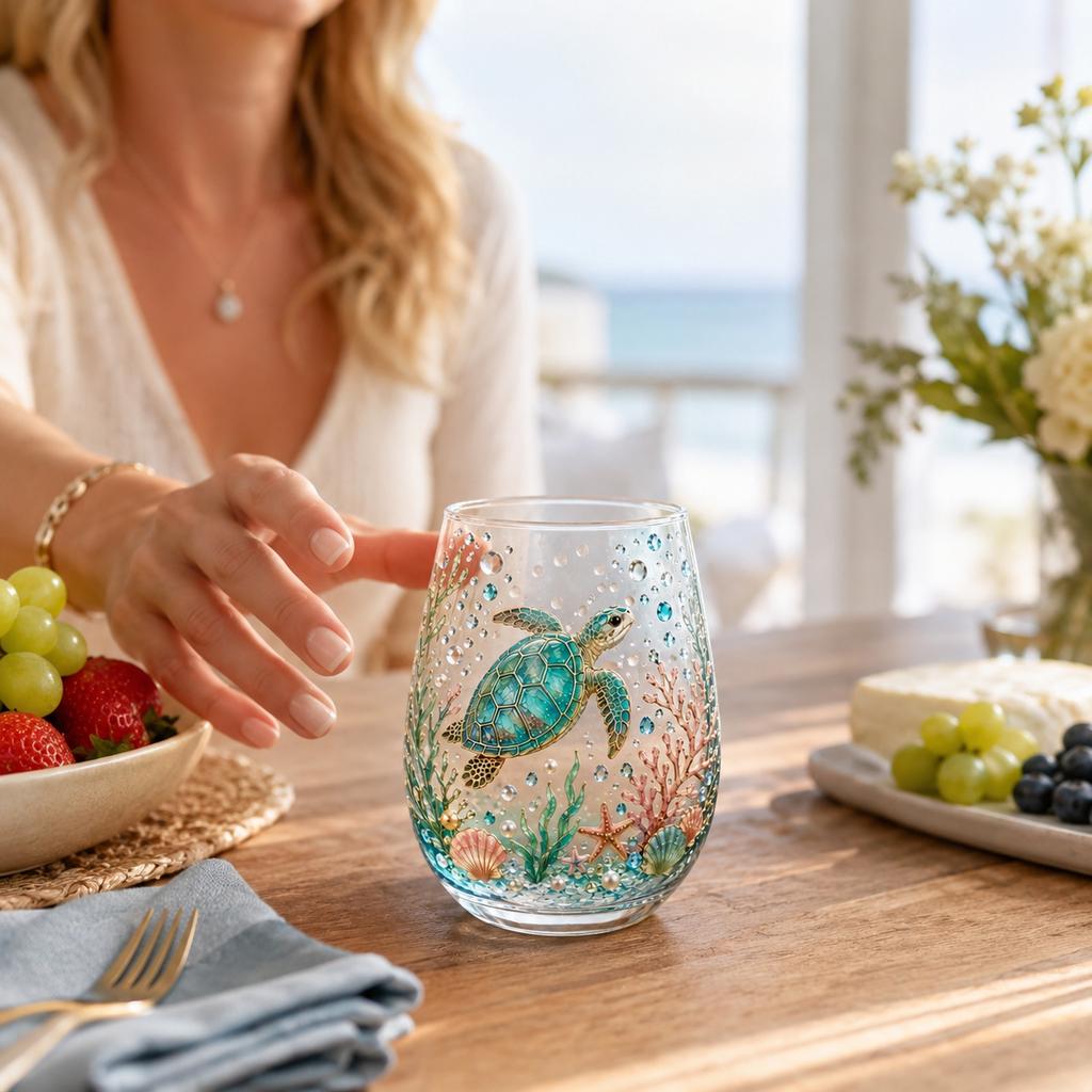 Glass Tumbler with Embossed Sea Turtle and Ocean Scene Design Stemless Water or Juice Cup for Home Kitchen Bar Use