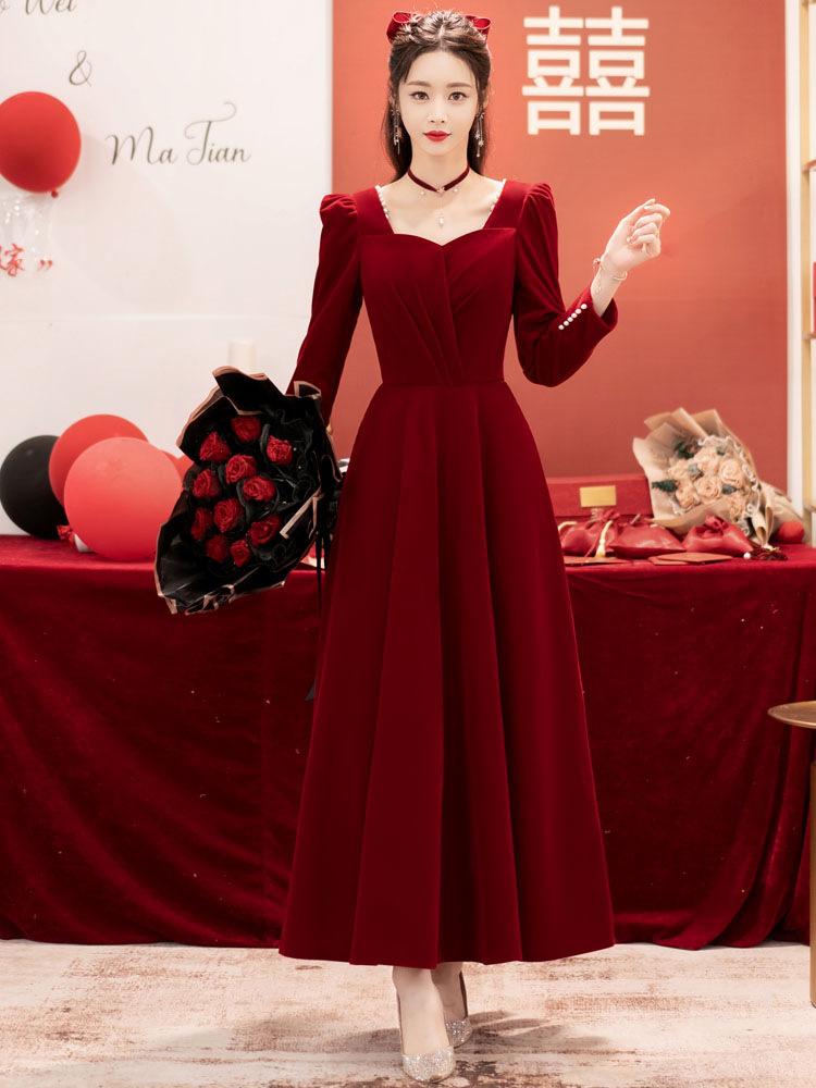 New Toast Clothing Bride Autumn and Winter Long Sleeve Wedding Engagement Dress Dress Red Atmospheric Return Door Clothing Women