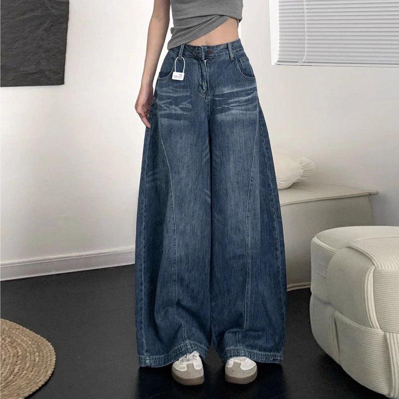 

Ковбойские брюки широкие для женщин с высокой талией осенние больших размеров ретро свободные прямые 3XL