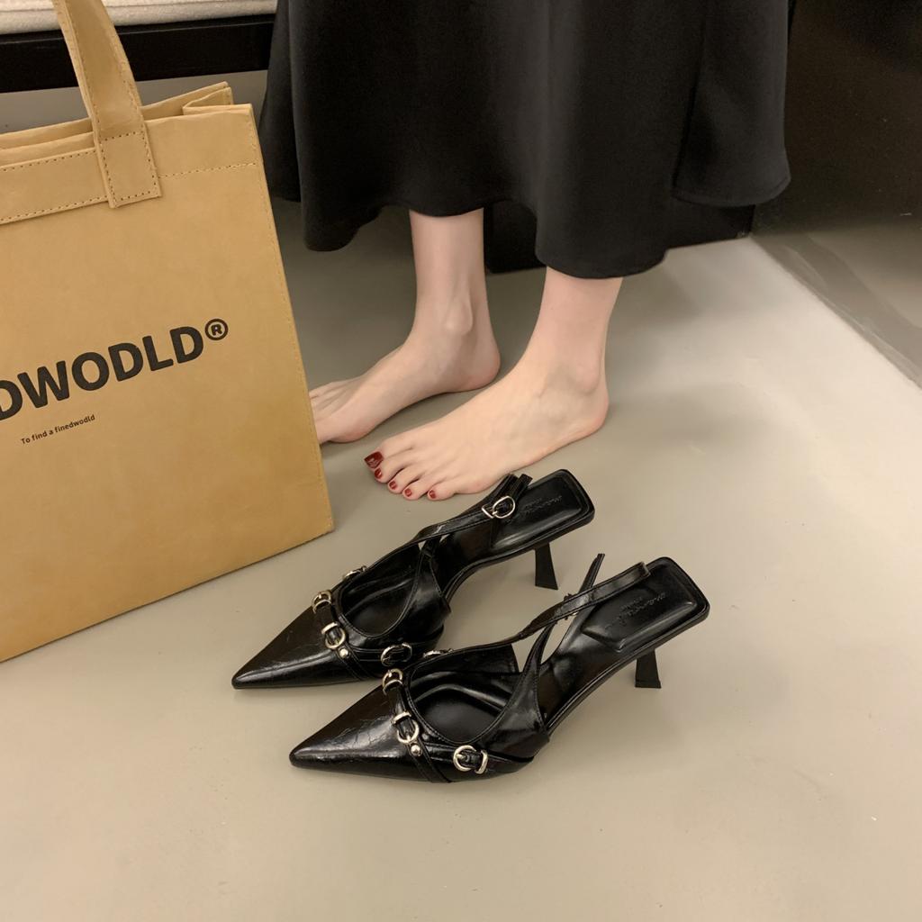 Baotou high-heeled sandals shallow mouth spring 2025 new rear empty thin heel temperament celebrity pointed single shoes women's shoes