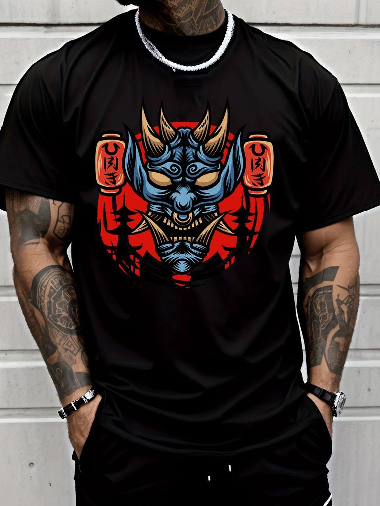 Classic Japanese Oni Mask Lantern Street Graphic Unisexs Cotton Crew Neck Tee Short Sleeve Loose Casual Daily Street Male Wear Top