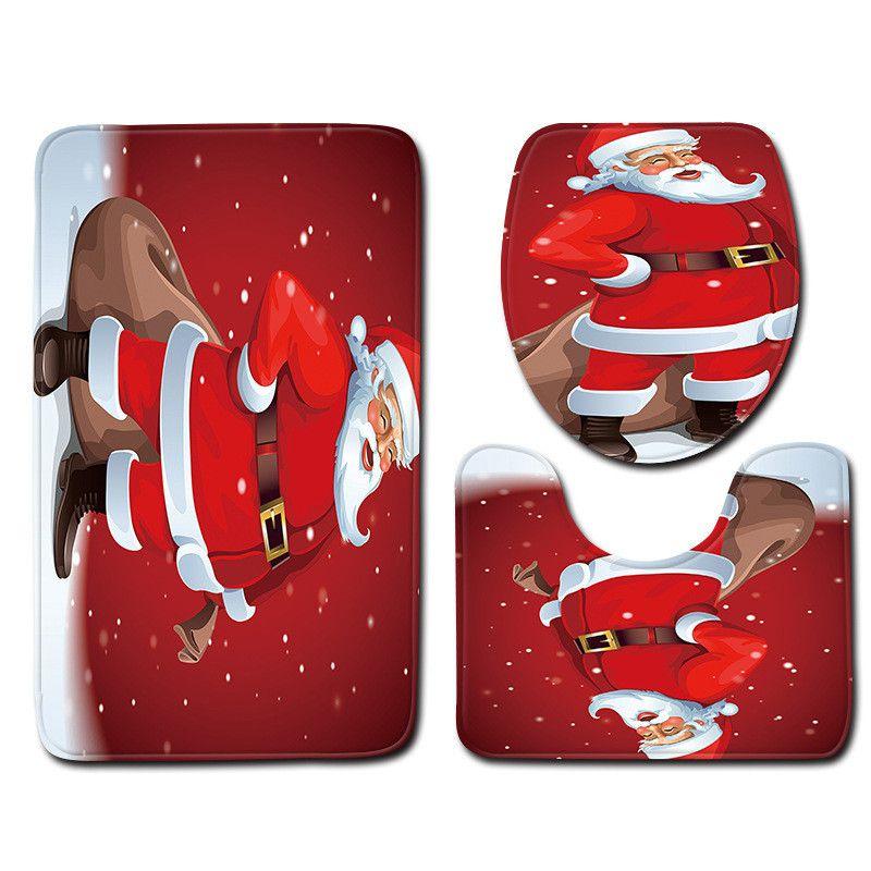 4pcs Shower Christmas Curtain Toilet Cushion Set Cover Mat Pad Rug Xmas Bathroom