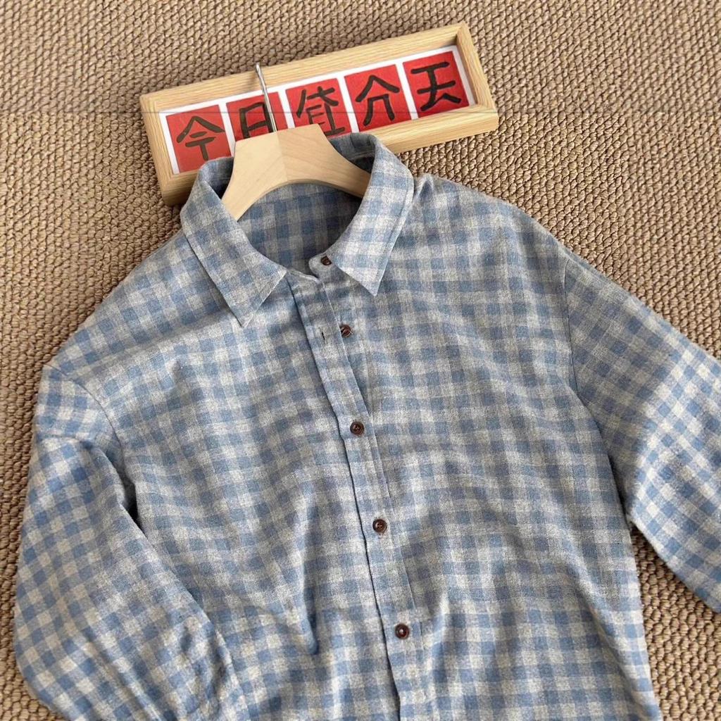 Women's Winter Retro Plaid Blue Cotton Shirt - Casual Fashion Layering Jacket with High-End Feel