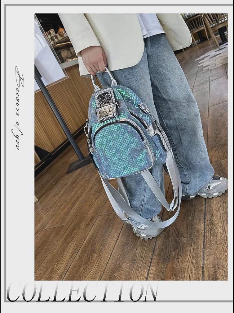 2023 Women's Versatile Western-Style Sequined Backpack – Trendy, Multi-Purpose, Small Size, Broad Strap Messenger Bag