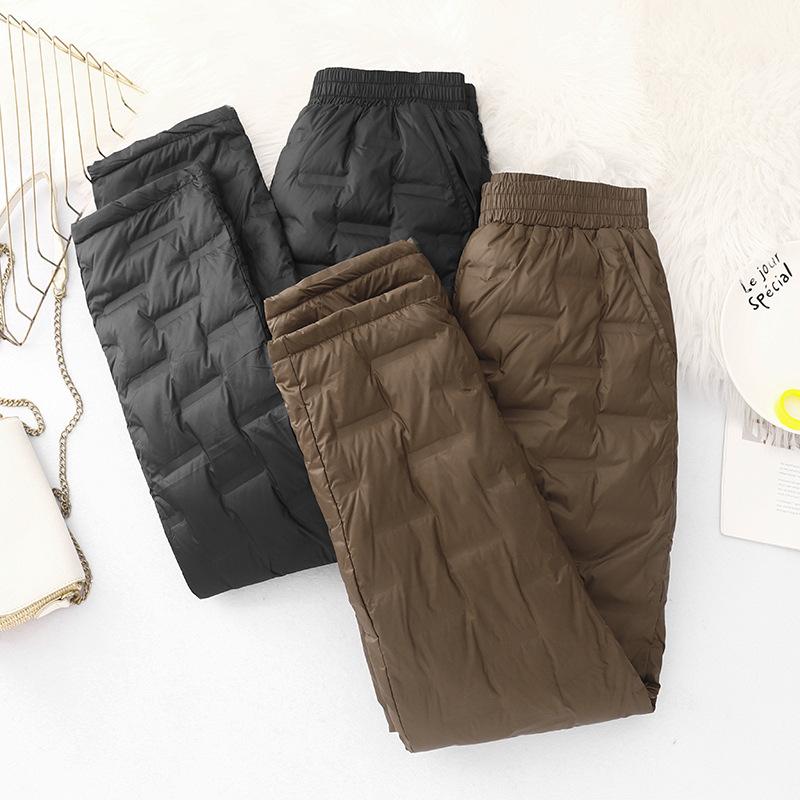 Vintage Quilted Pants Women Winter Warm Trouser Cotton-padded Pants Casual Design Pockets Elastic Waist Korean Chic Black Pants