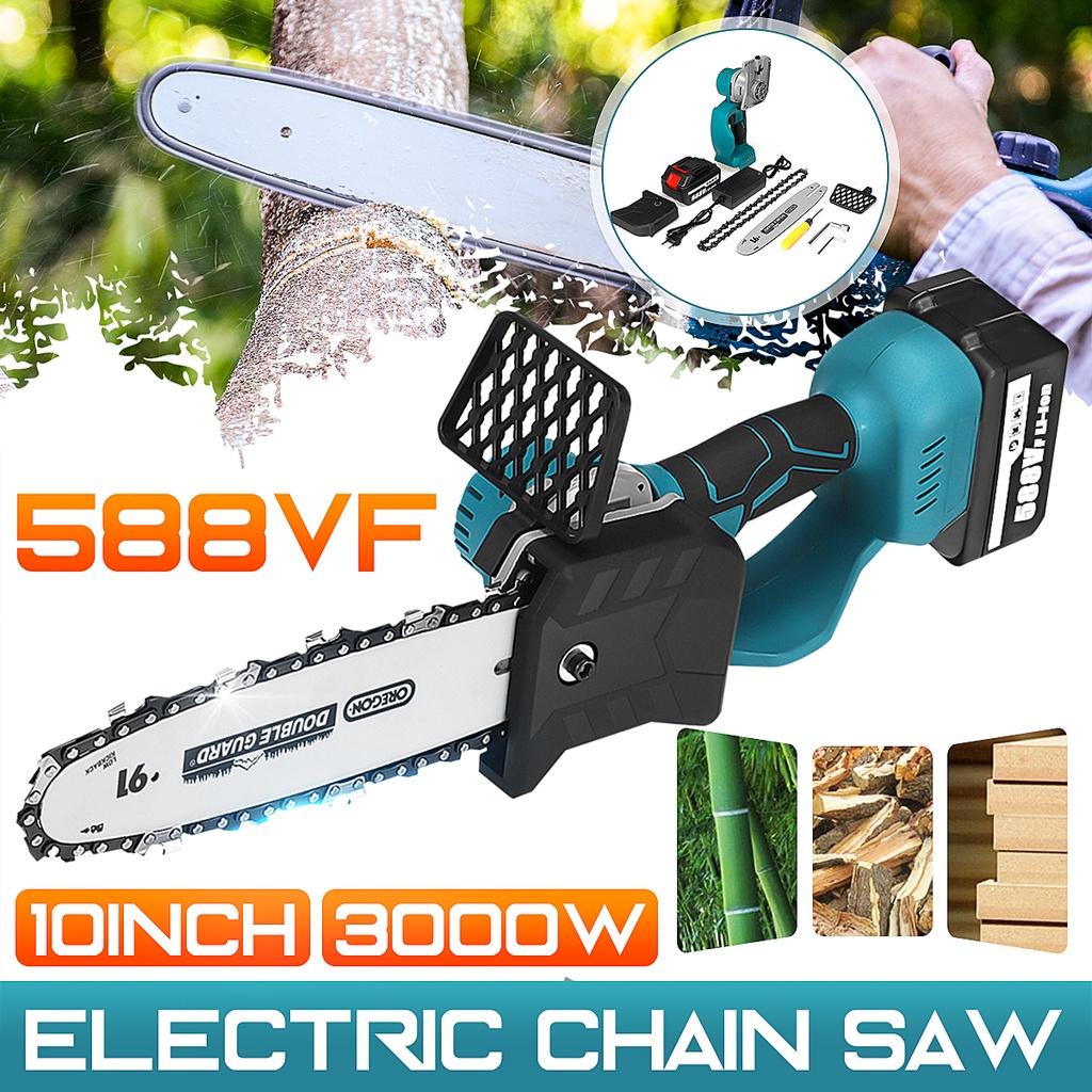 3000W Electric Chainsaw Bracket Cordless Chain Saw 10inch Wood Cutter Cutting Machine Woodworking Tools With 588VF Battery