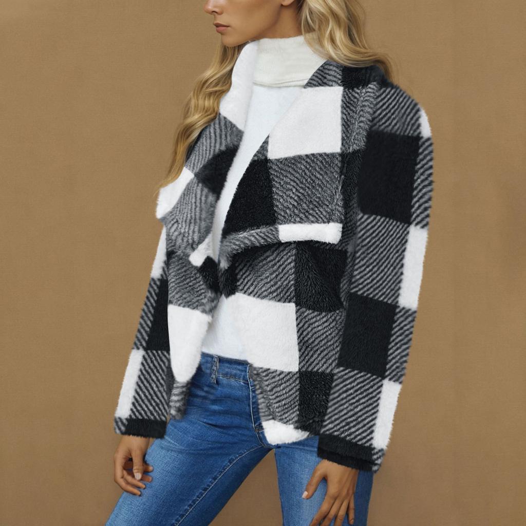Ladies' Fashionable V Neck Long Sleeved Pocket Color Blocked Cardigan Flannel Warm Sleepwear Jacket