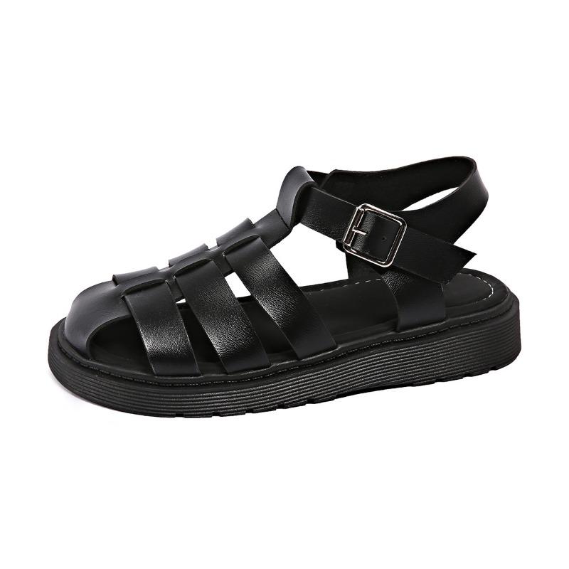 Baotou Sandalen Sommer neu dicksohlige Retro Baotou gewebte Sandalen Damen flachsohlige Übergröße Strandschuhe