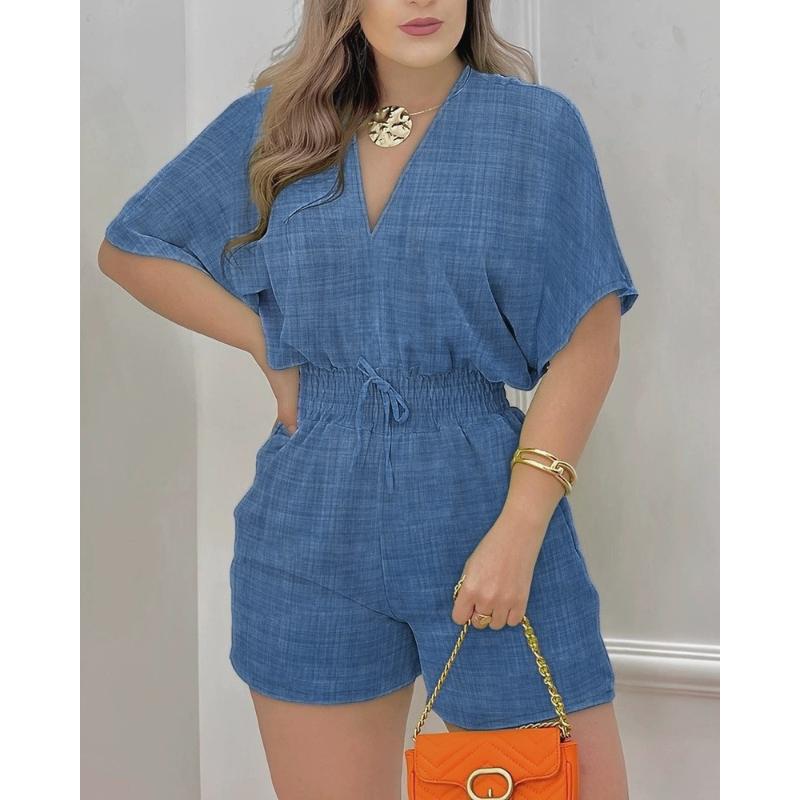 Summer V-Neck Jumpsuit with Drawstring Waist in Multiple Colors Women's casual V-neck jumpsuit; women's casual V-neck romper