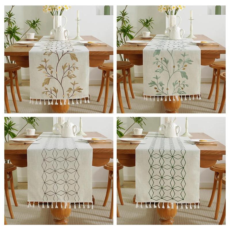 Nordic Embroidery Plant Table Runner Green Leaves Tassel Tea Table Mat Cotton Linen Table Runner Home Decor Dining Tablecloth